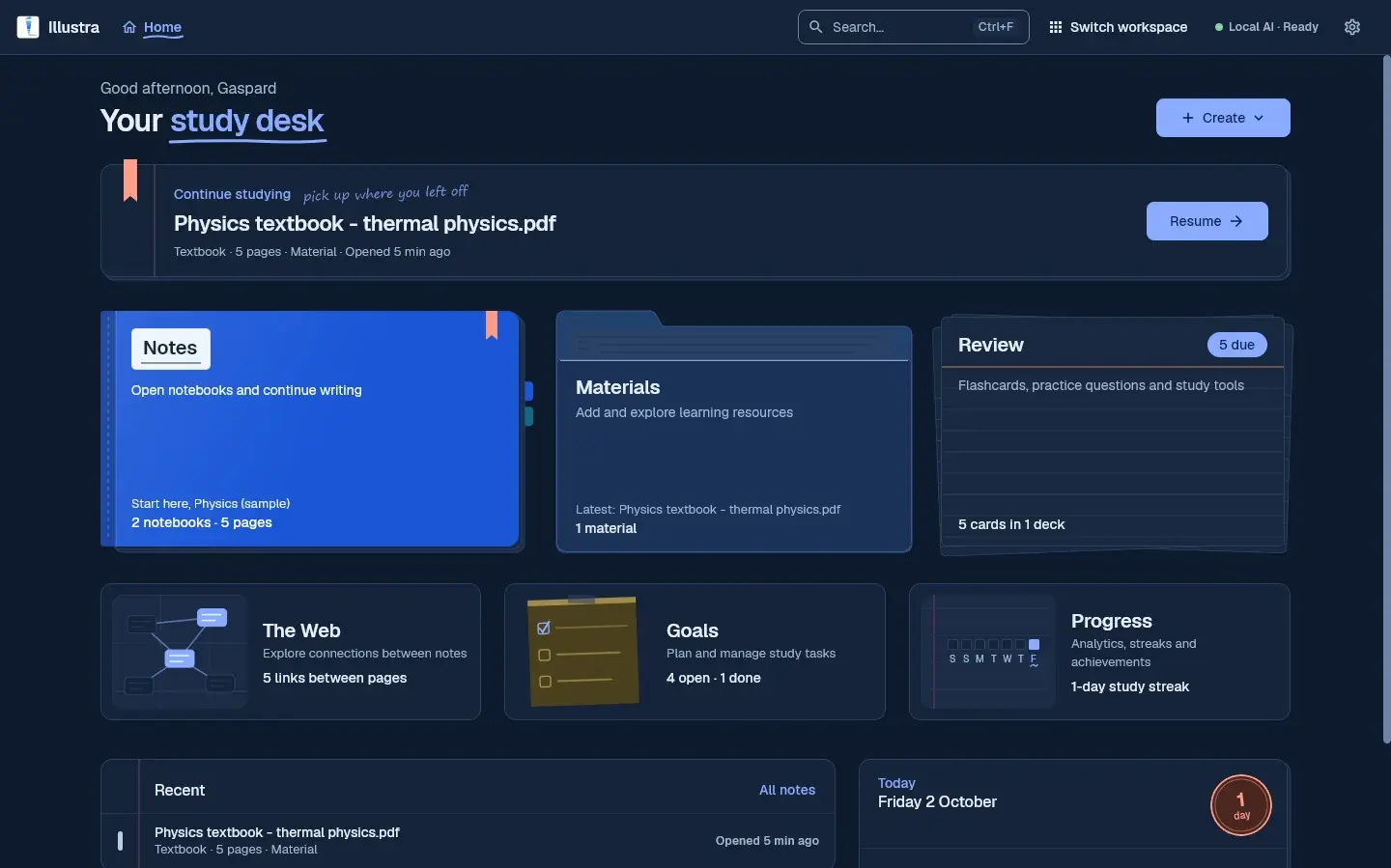 Illustra desktop app showing notebooks, materials, flashcards and linked notes.